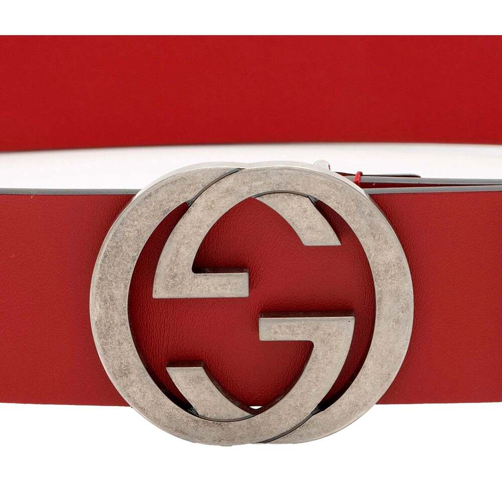 Gucci Interlocking Leather GG Buckle Antiqued Silver Tone Belt Rosso Red - Picture 3 of 4